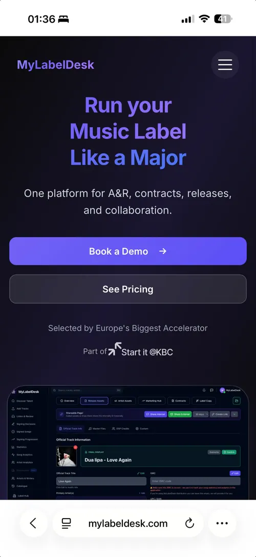 MyLabelDesk homepage on mobile